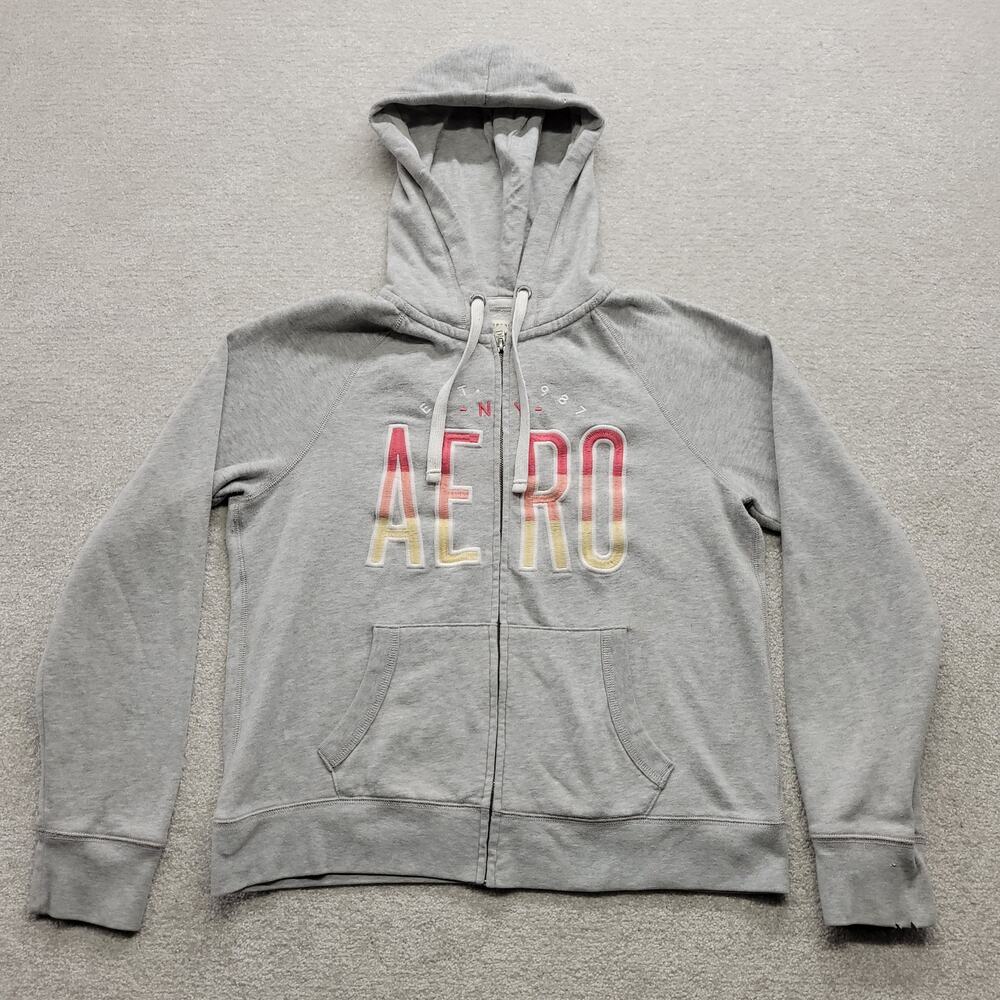 Aeropostale Zip Hoodie Women's Large Gray Embroidered Logo Spellout Sweatshirt